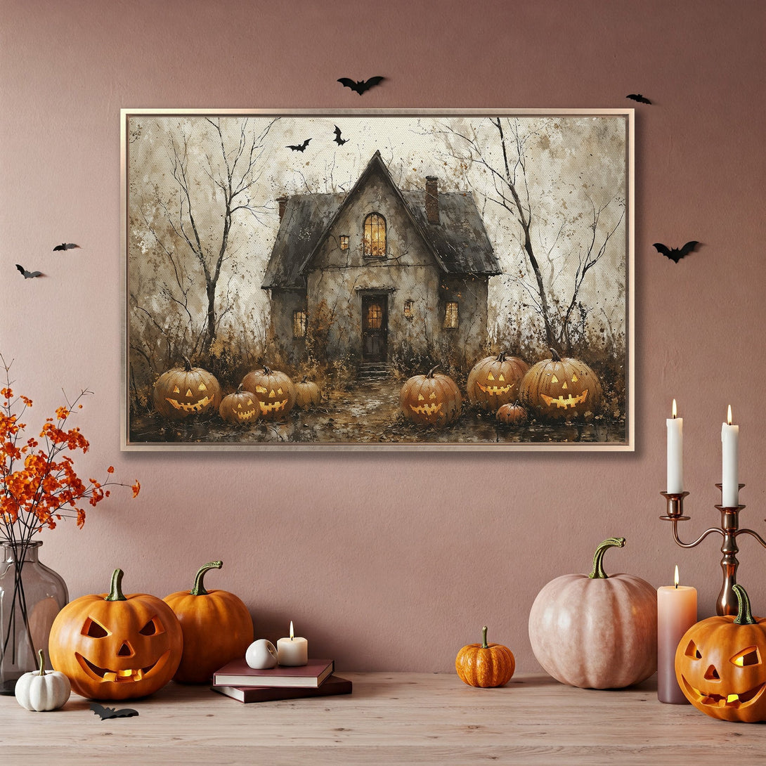 Framed Wall Art: Spooky Halloween house painting in muted tones. Perfect fall decor!