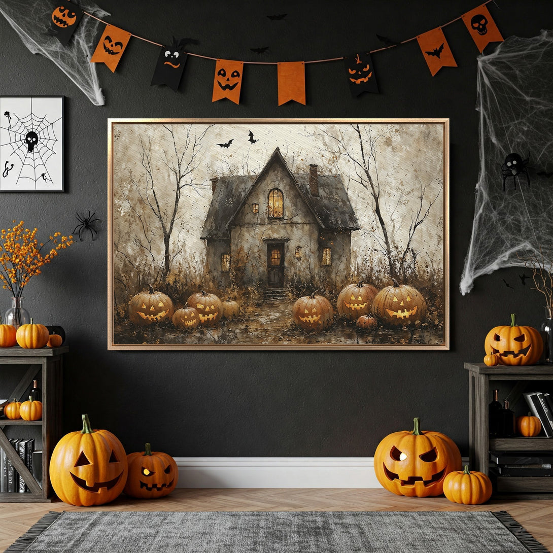Framed Wall Art: Spooky Halloween scene with a haunted house and jack-o'-lanterns, warm color palette. Perfect for seasonal decor!