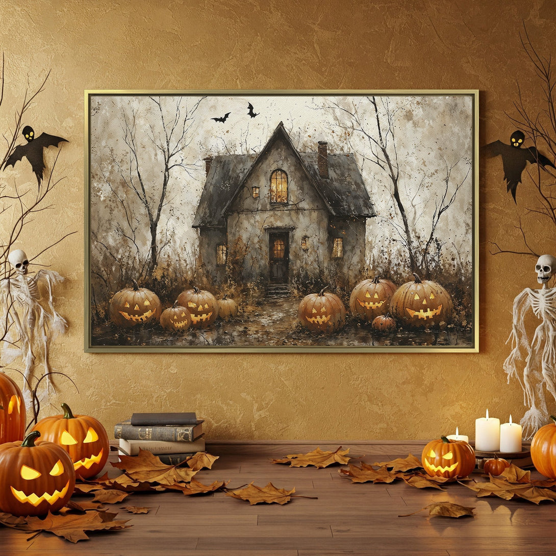 Canvas Print of a spooky Halloween scene with a haunted house, pumpkins, and warm orange and brown tones. Perfect for seasonal decor!