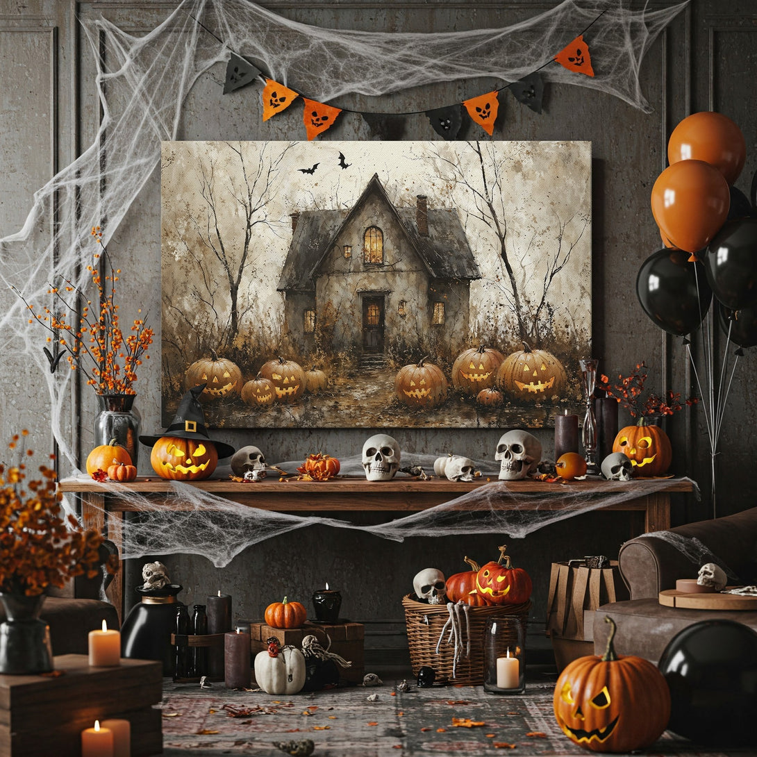 Framed Wall Art featuring a spooky house and pumpkins, perfect for Halloween decor. Neutral color palette with warm orange and brown tones.