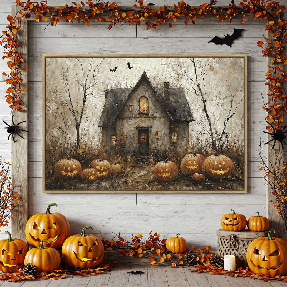 Framed Wall Art: Spooky Halloween house with pumpkins, neutral tones. Perfect fall decor, add a touch of mystery to your home.