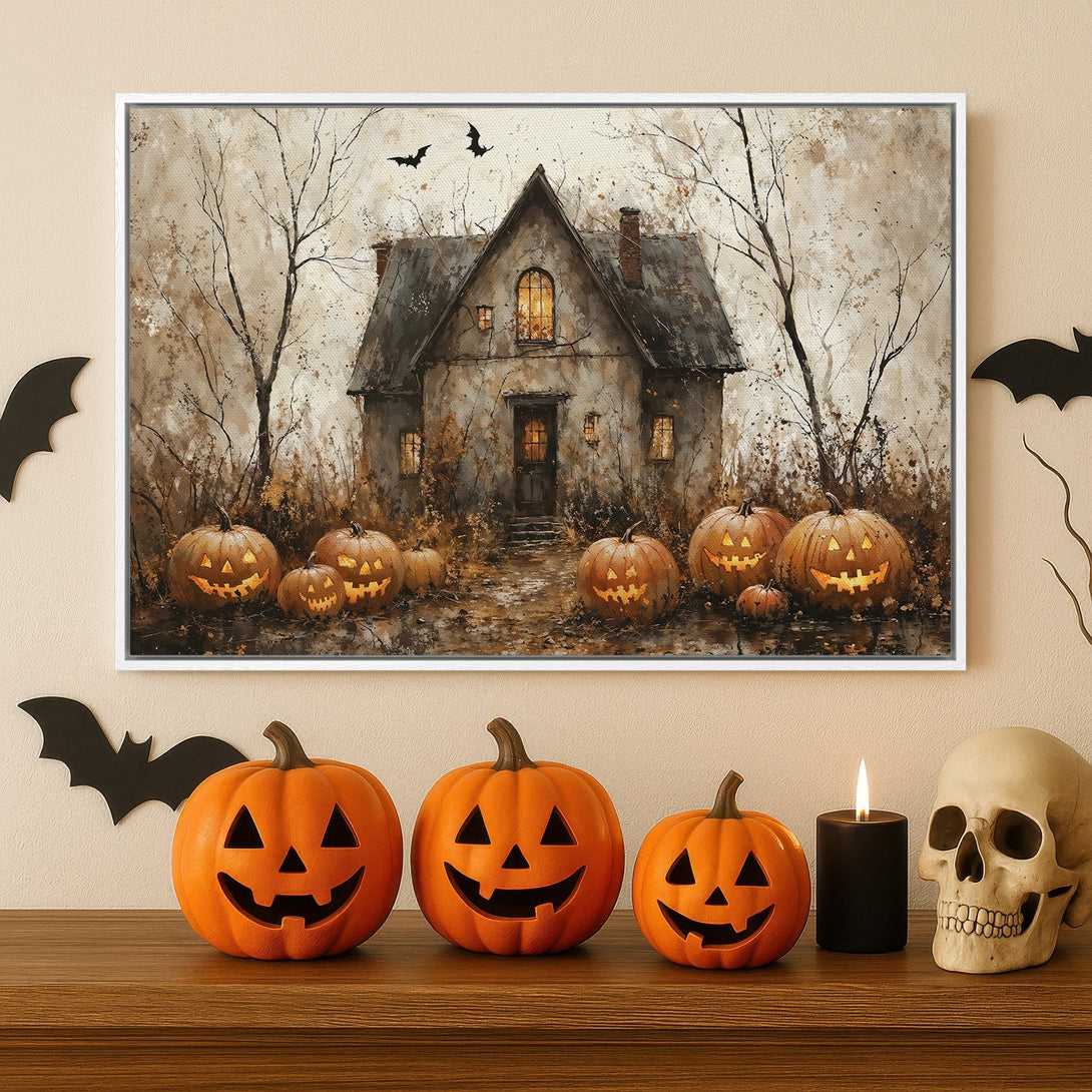 Framed Wall Art: Spooky Halloween scene with a haunted house and glowing pumpkins. Warm, autumnal color palette. Perfect for seasonal decor.
