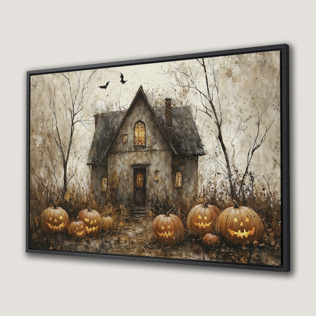 Framed Wall Art: Spooky Halloween scene with a haunted house and glowing jack-o'-lanterns in a sepia-toned, watercolor style. Perfect for fall decor!