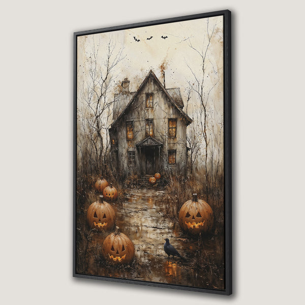 Framed Wall Art: Spooky Halloween scene with haunted house and jack-o'-lanterns. Watercolor style in muted orange and brown tones. Perfect for seasonal decor.