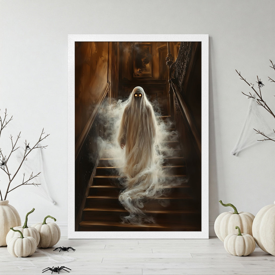 Framed Poster featuring a spooky ghost on a staircase, with a warm, autumnal color palette perfect for Halloween decor.