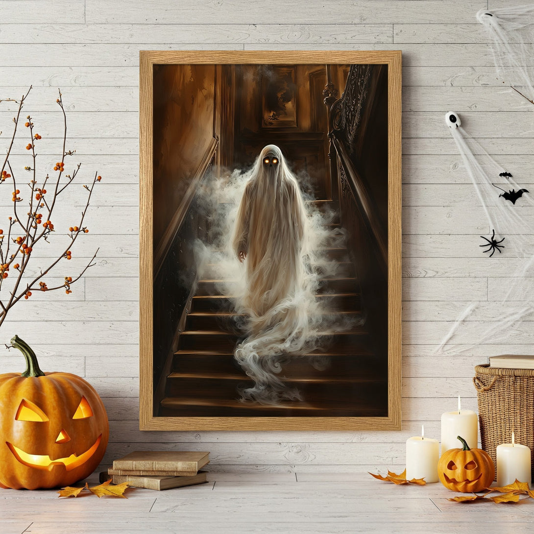 Framed Poster featuring a spooky ghost descending stairs. Dark, moody style with warm brown and white tones. Perfect Halloween decor!
