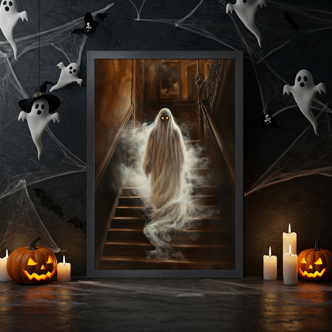 Framed Poster featuring a spooky ghost on a staircase, dark & eerie Halloween style. Warm, brown and orange color palette.