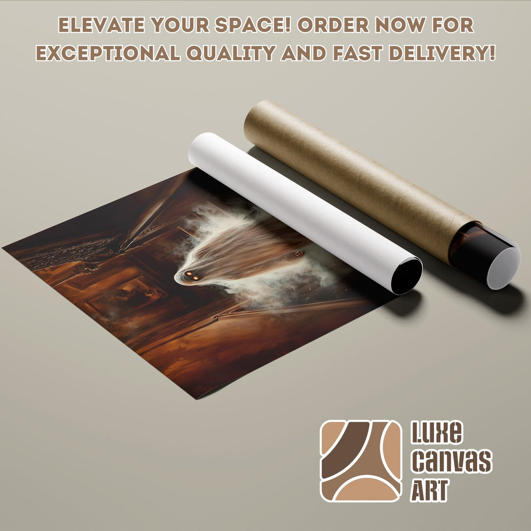 Poster Roll featuring a ghostly figure in a dark, warm-toned interior. Elevate your space with art!