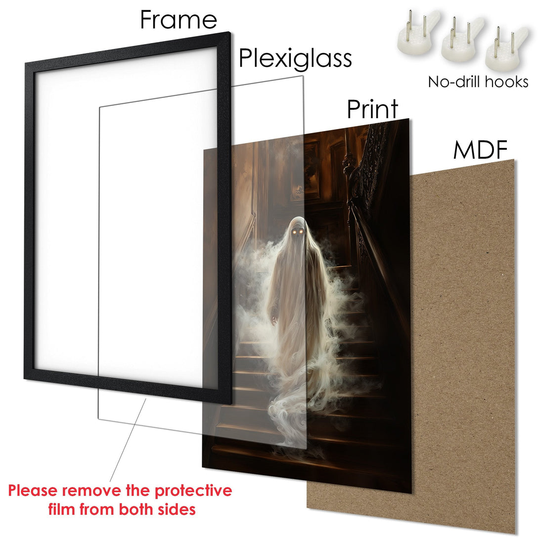 Framed Poster featuring a spooky ghost on a staircase, dark and moody aesthetic with a brown and beige color palette. Perfect Halloween decor!