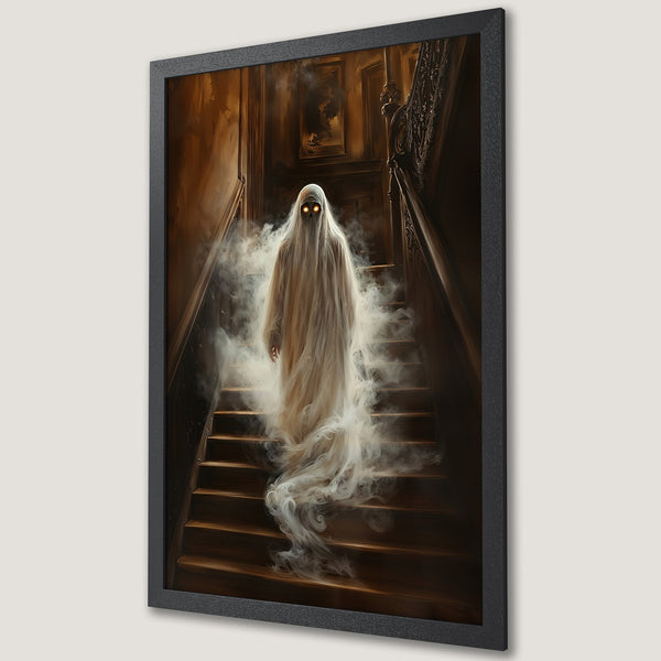 Framed Poster: Spooky ghost descending stairs. Dark, eerie art with a warm, brown and white color palette. Perfect Halloween decor.