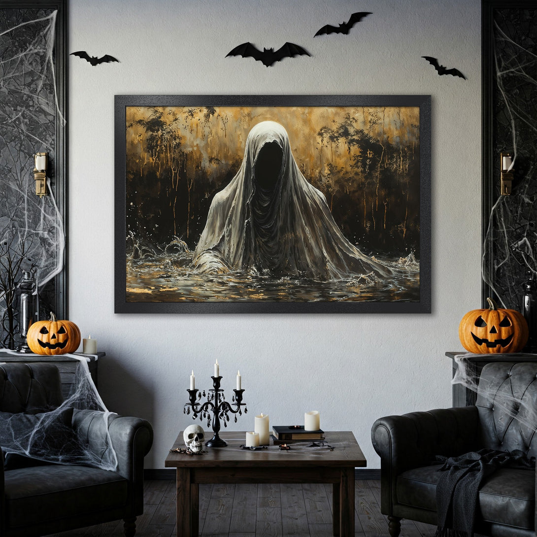 Framed Poster featuring a ghostly figure in a dark, moody style with a gold and black color palette. Perfect Halloween decor!