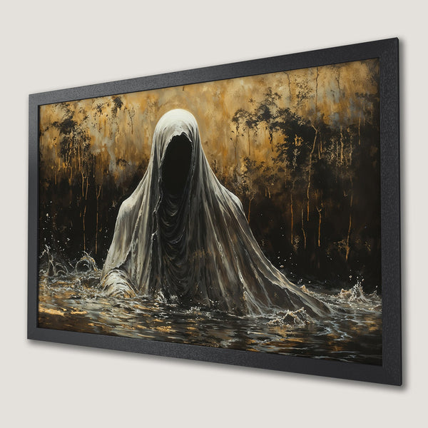 Framed Poster of a ghostly figure in water, dramatic art style with gold, black, and white color palette.