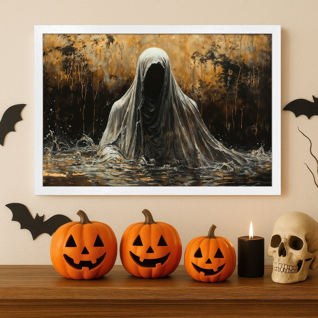 Framed Poster featuring a spooky ghost in a dark, artistic style with gold and black tones. Perfect Halloween decor!