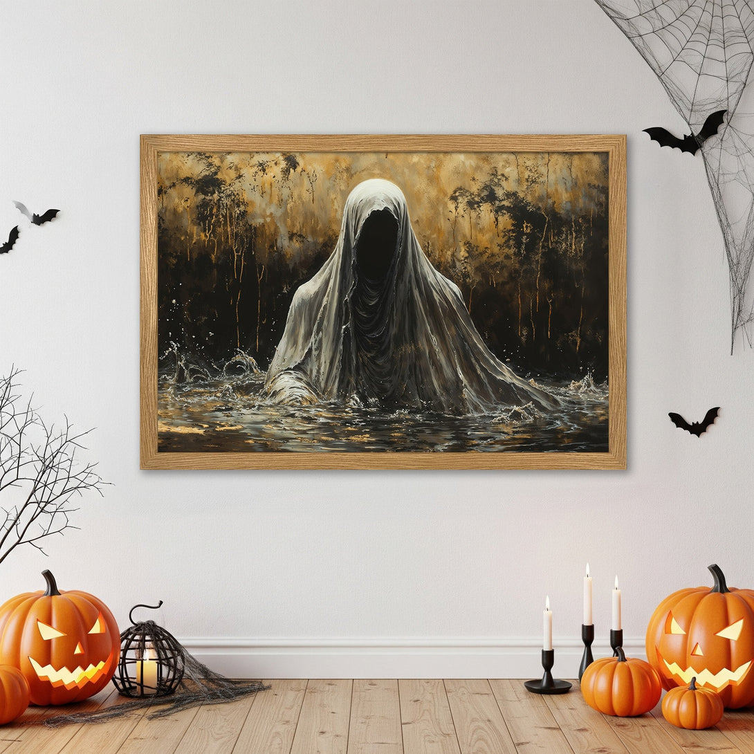 Framed Poster featuring a ghostly figure in a dark, moody style with gold and black tones, perfect Halloween decor.