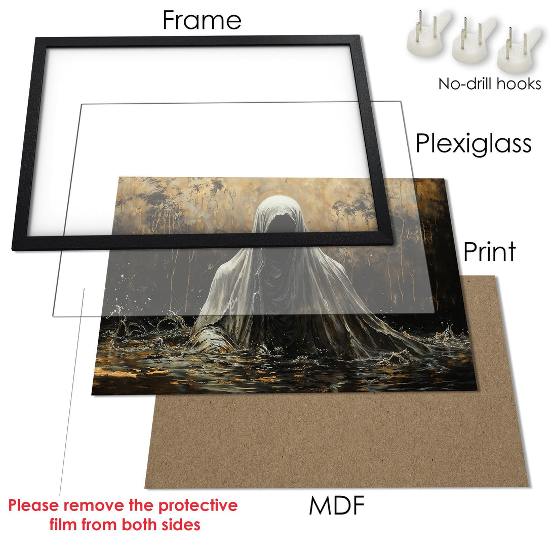 Framed Poster art print featuring a spectral figure in a dark gold and black color palette. Add this unique Poster to your wall.