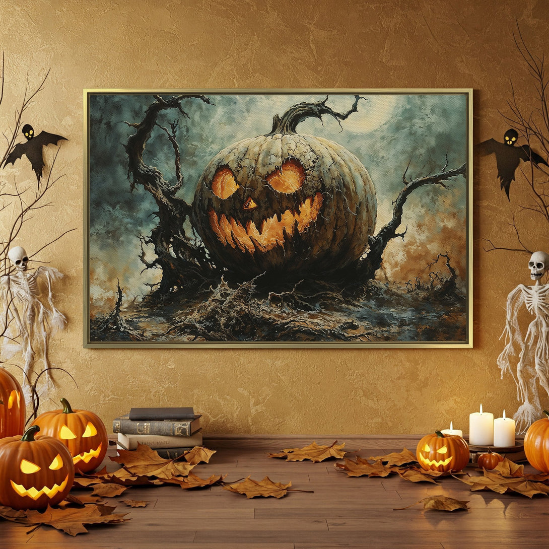 Canvas Print featuring a spooky pumpkin scene in a dark, moody color palette. Perfect Halloween decor!