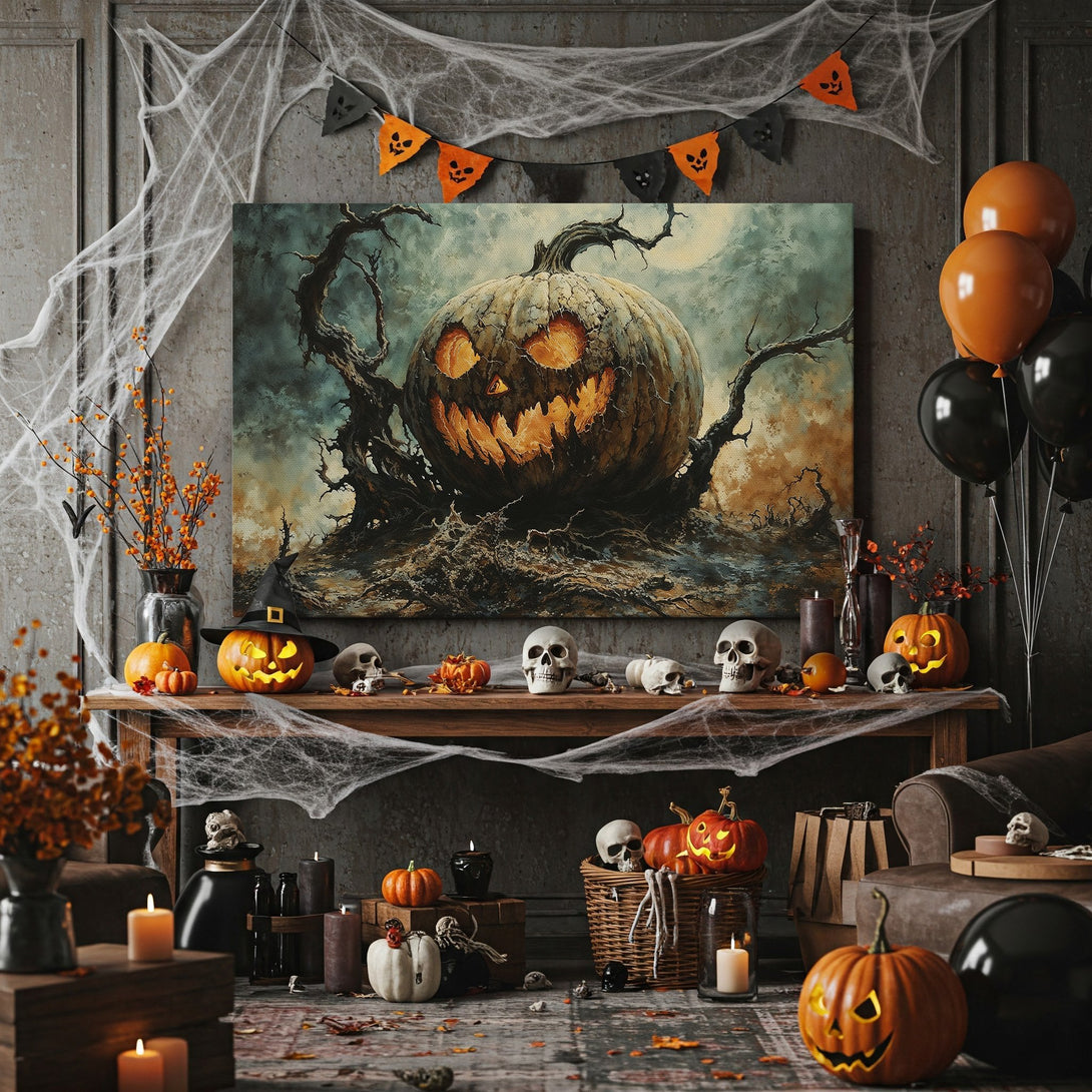 Framed Wall Art: Spooky Halloween pumpkin canvas print in moody, earthy tones. Perfect for fall decor and adding a touch of fright!