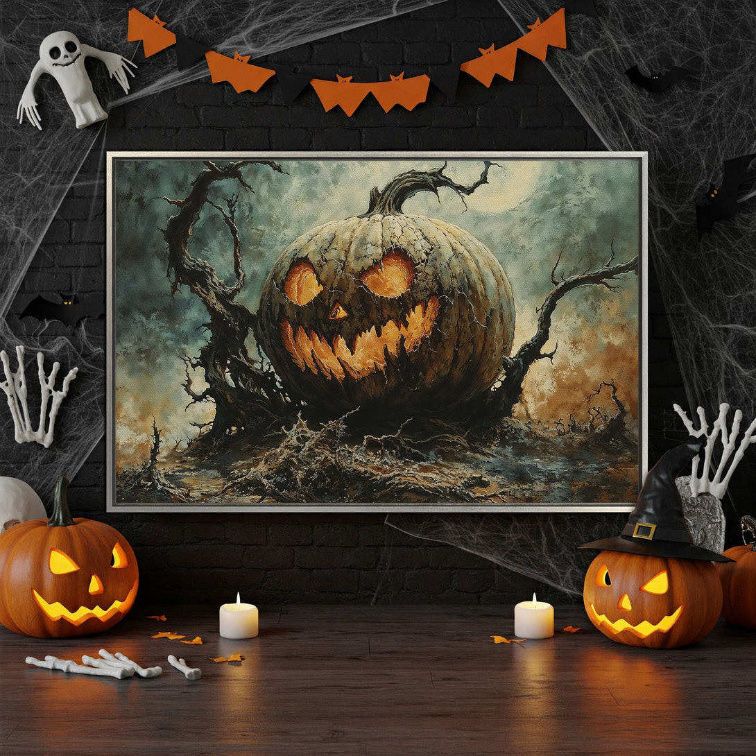 Framed Wall Art: Spooky Halloween pumpkin art in a dark, moody style with orange and teal tones. Perfect for seasonal decor!