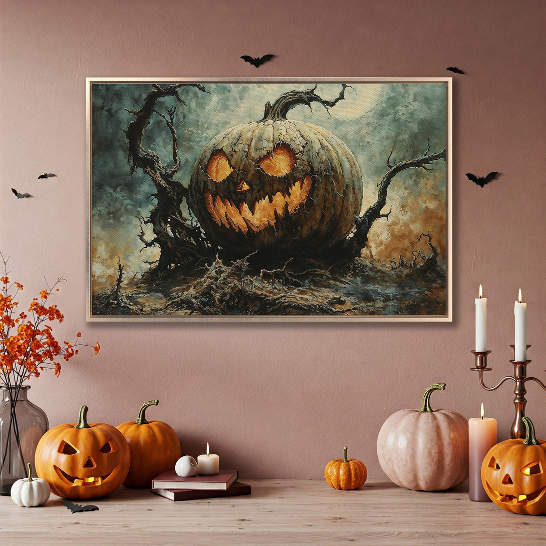 Framed Wall Art: Spooky pumpkin painting in a moody, autumnal palette. Perfect Halloween decor for your home!