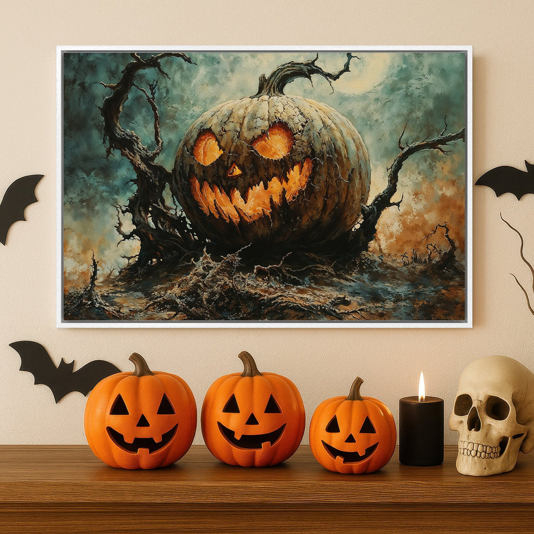 Framed Wall Art: Spooky Halloween pumpkin art in a moody teal and orange palette. Perfect for seasonal decor!