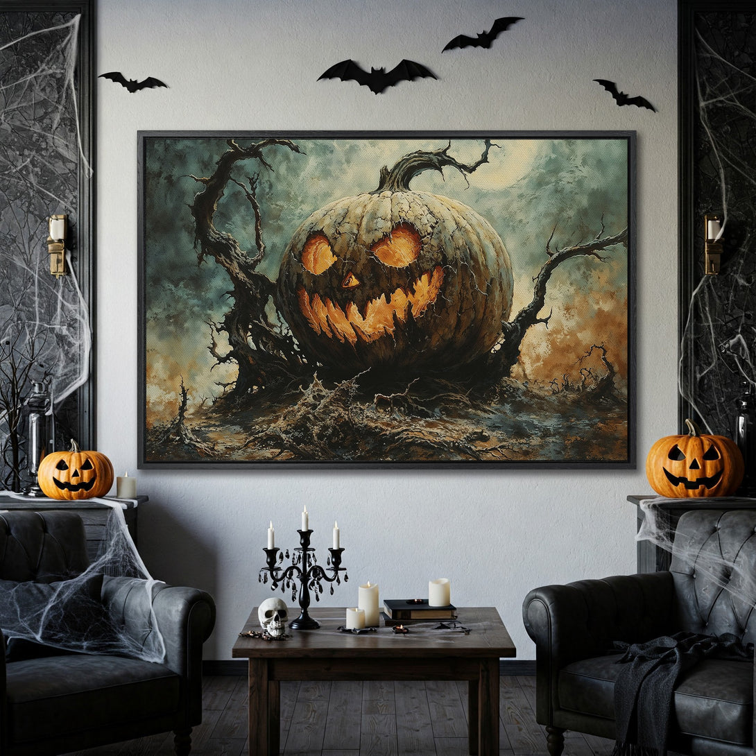 Framed Wall Art: Spooky Halloween pumpkin canvas print, dark teal & orange palette, perfect for gothic decor.