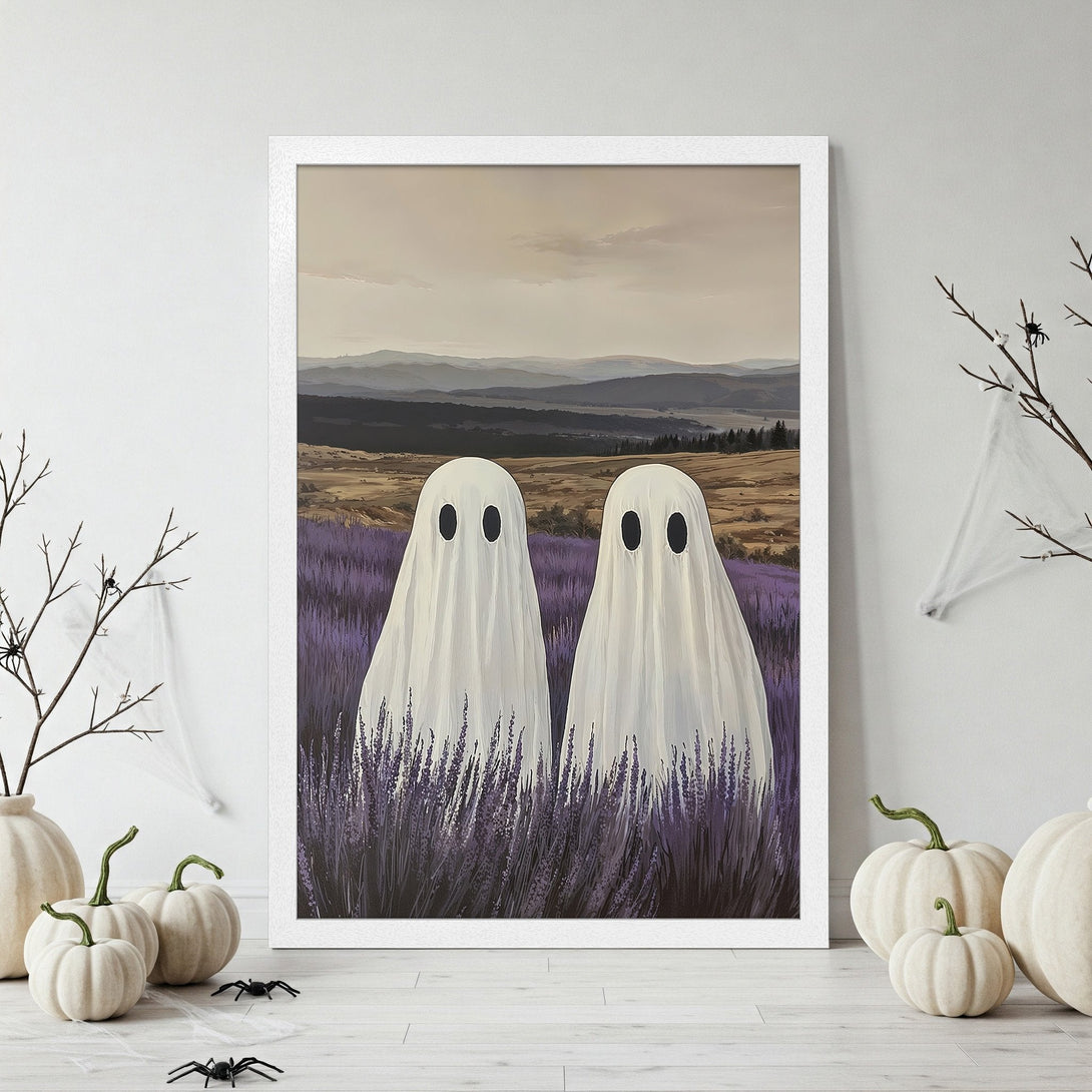Framed Poster featuring two friendly ghosts in a lavender field, with a muted color palette. Perfect Halloween decor!