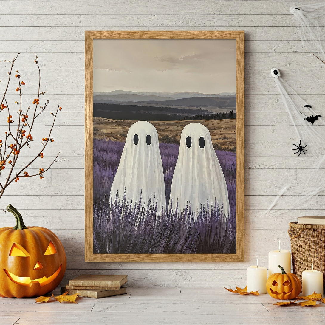 Framed Poster featuring whimsical ghost art in a lavender field. Halloween decor with a neutral color palette for a spooky yet stylish touch.