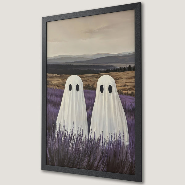Framed Poster featuring whimsical ghost art in a field of lavender. Soft, muted color palette. Perfect wall decor for a unique touch.