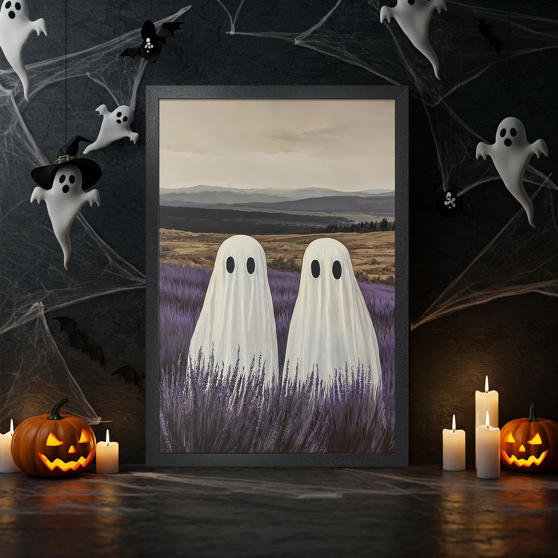 Framed Poster featuring two ghost figures in a lavender field, painted in a whimsical style with a muted purple and earth-tone color palette. Halloween decor.