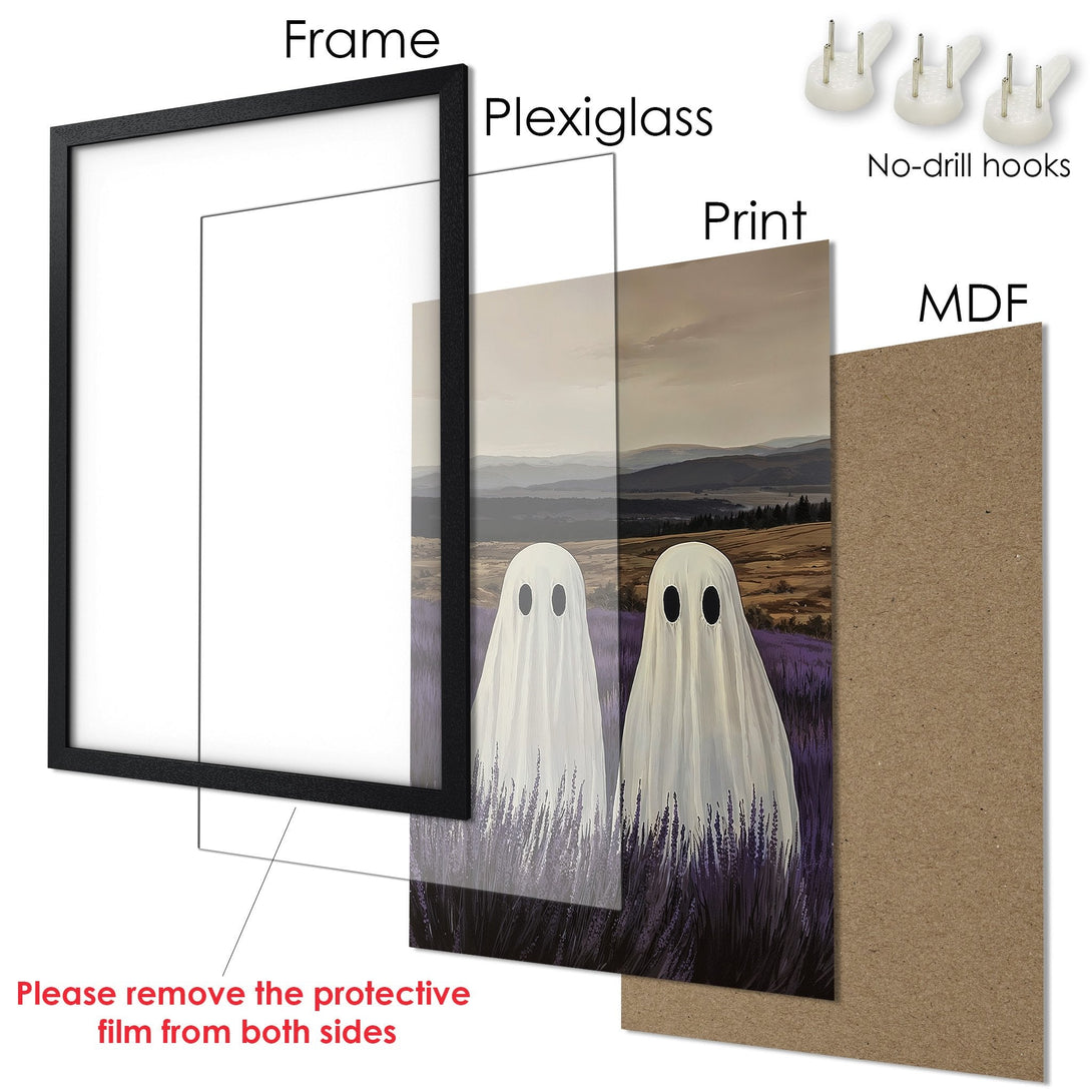 Framed Poster featuring whimsical ghost art in a muted color palette. Perfect for Halloween decor! Ready to hang.