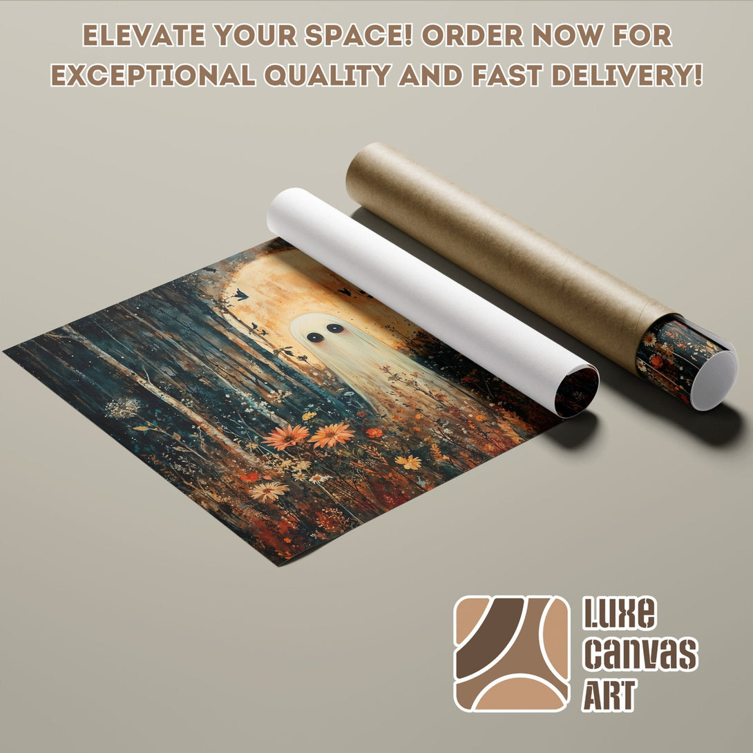 Poster Roll featuring a whimsical ghost in a forest, with a warm, earthy color palette. Order today!