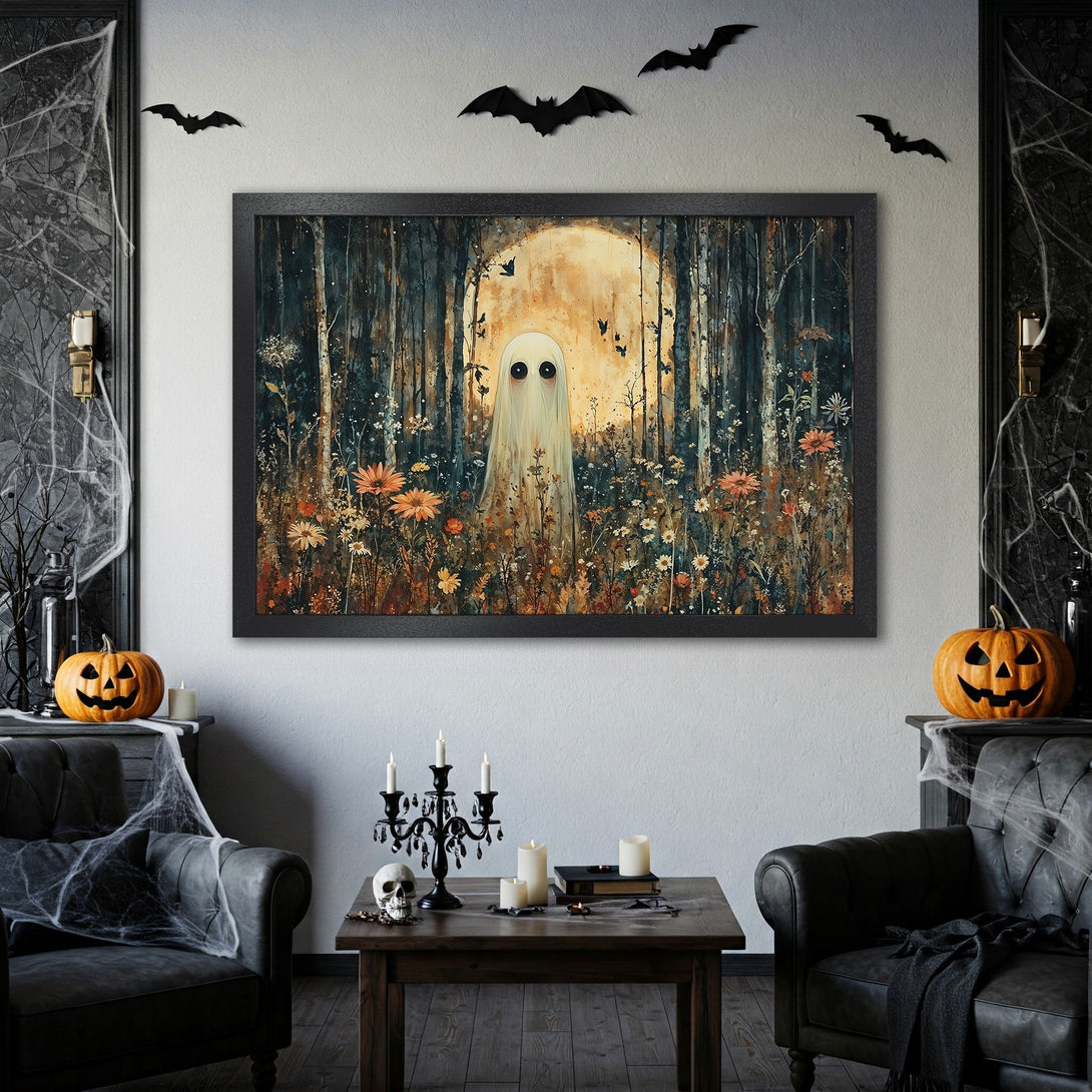 Framed Poster featuring a whimsical ghost in a forest, with a dark, moody color palette. Perfect Halloween decor!