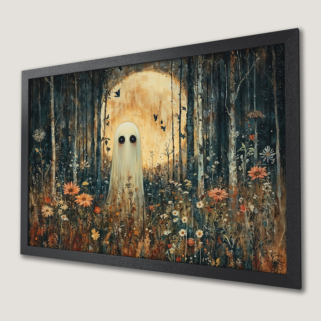 Framed Poster featuring a whimsical ghost in a forest with a warm color palette. Perfect for Halloween decor!