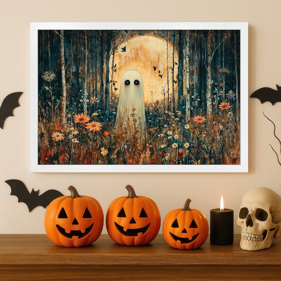 Framed Poster featuring a whimsical ghost in a forest, watercolor style, with a moody teal and orange color palette. Halloween decor.