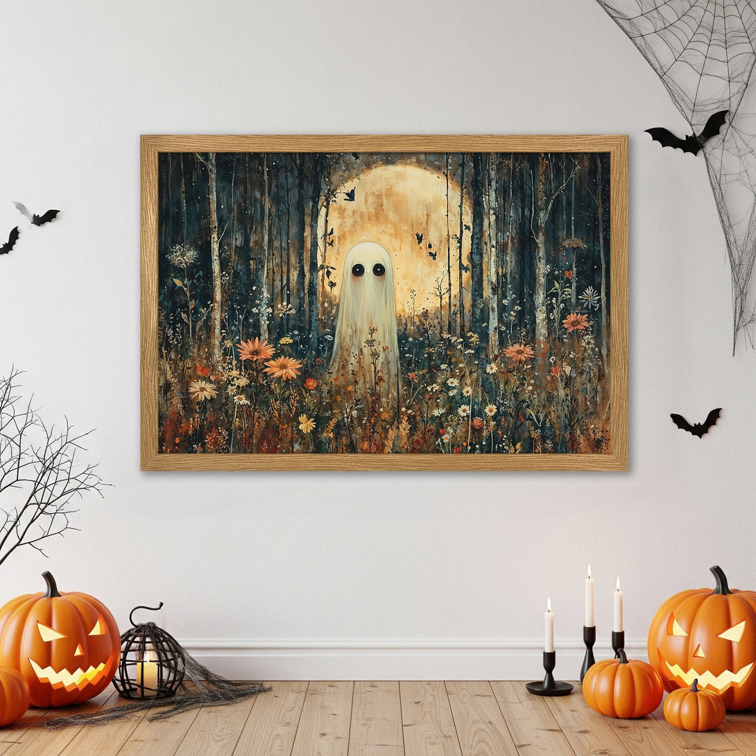 Framed Poster featuring a spooky ghost in a forest scene, with a warm, autumnal color palette, perfect Halloween decor.
