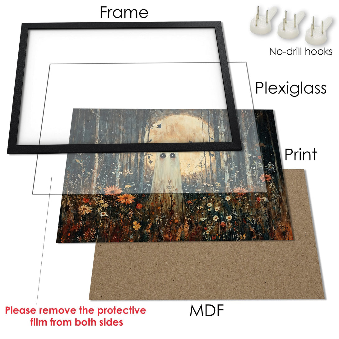 Framed Poster featuring a whimsical ghost in a forest, with a moody, earthy color palette. Perfect wall art!