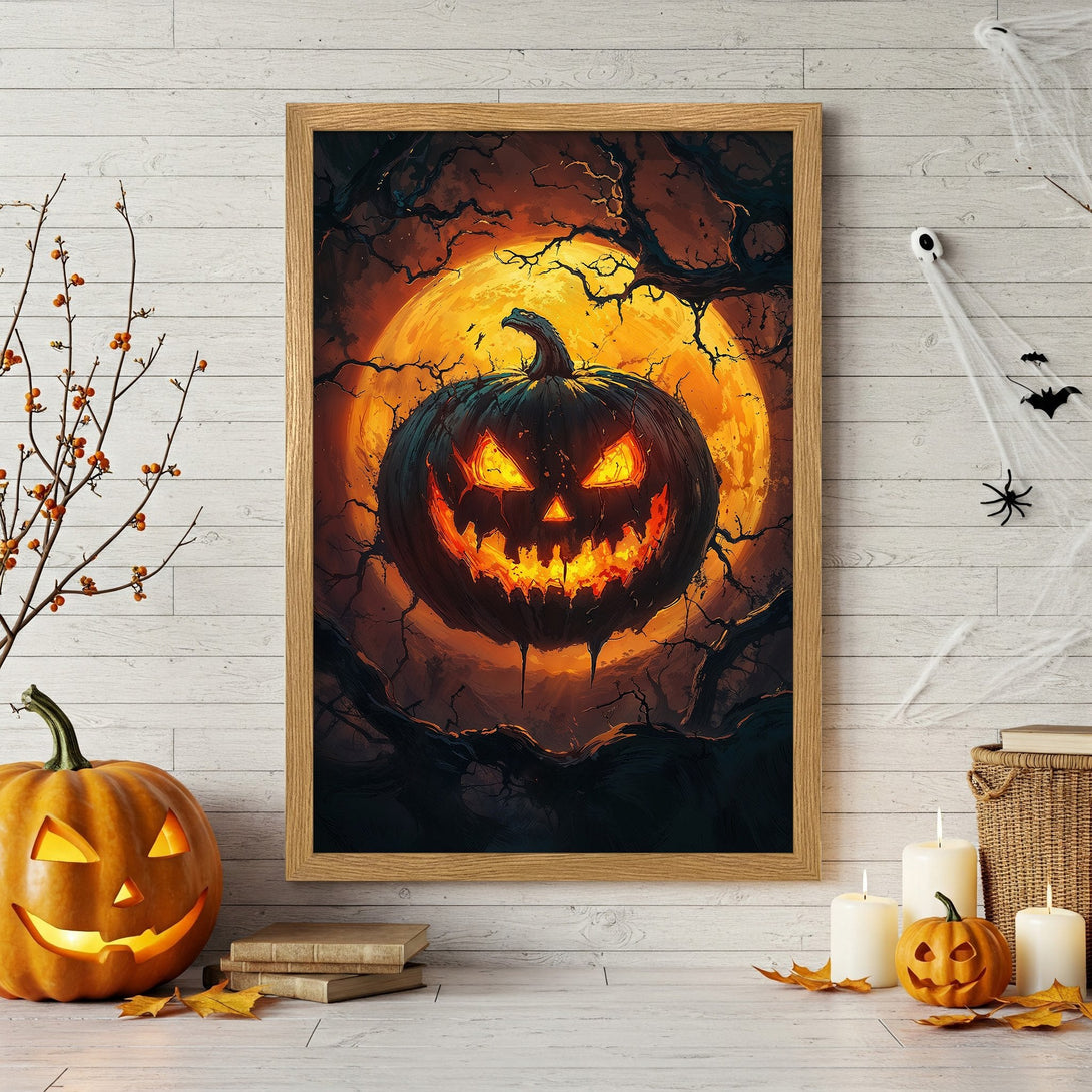 Framed Poster featuring a spooky Jack-o'-Lantern against a fiery orange background. Perfect Halloween decor! Dark, moody style with warm colors.