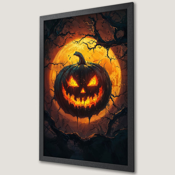 Framed Poster of a spooky Halloween pumpkin with a glowing face, set against a dark, orange background. Perfect for Halloween decor!