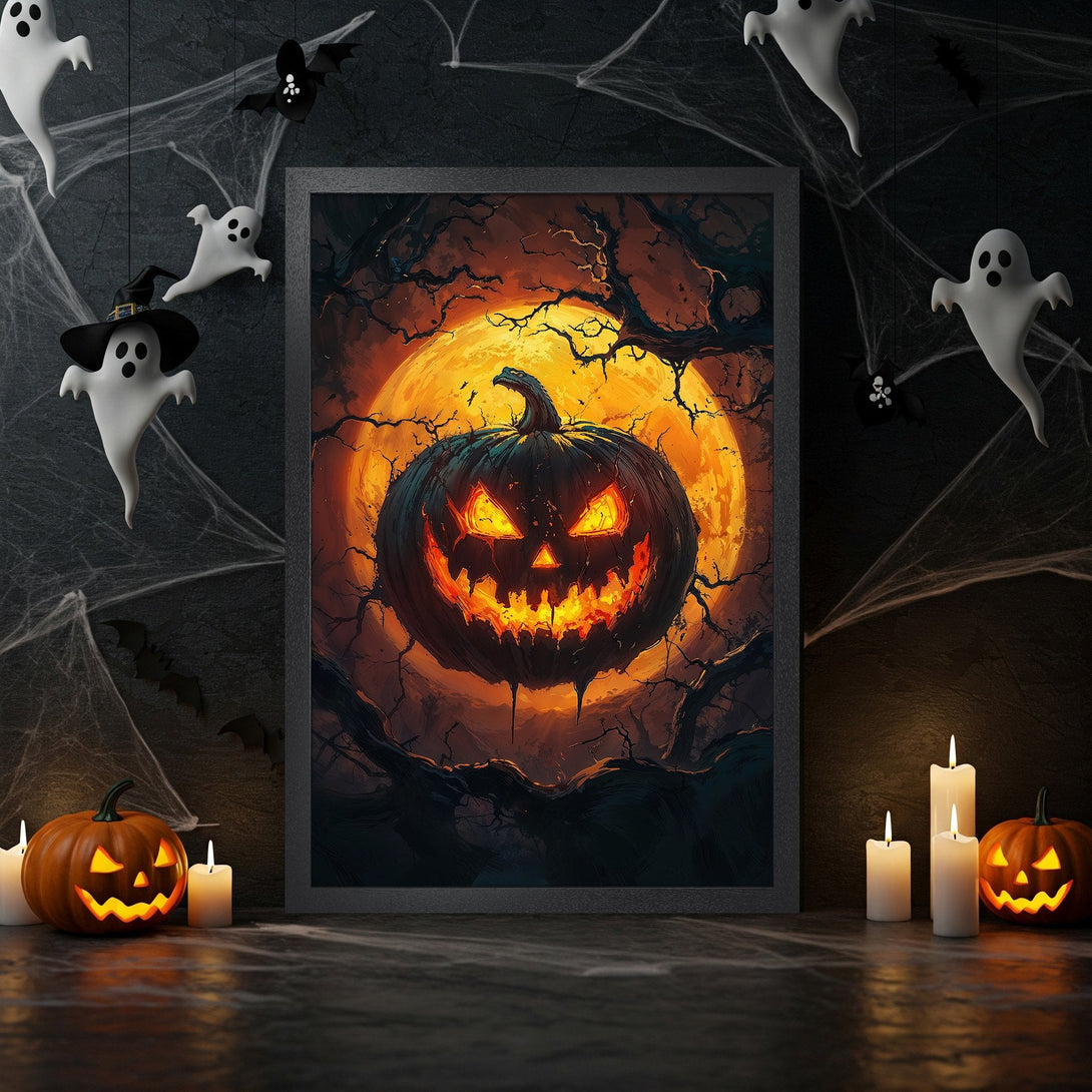 Framed Poster featuring a spooky Halloween pumpkin illustration in a dark, orange, and black color palette. Perfect for Halloween decor!