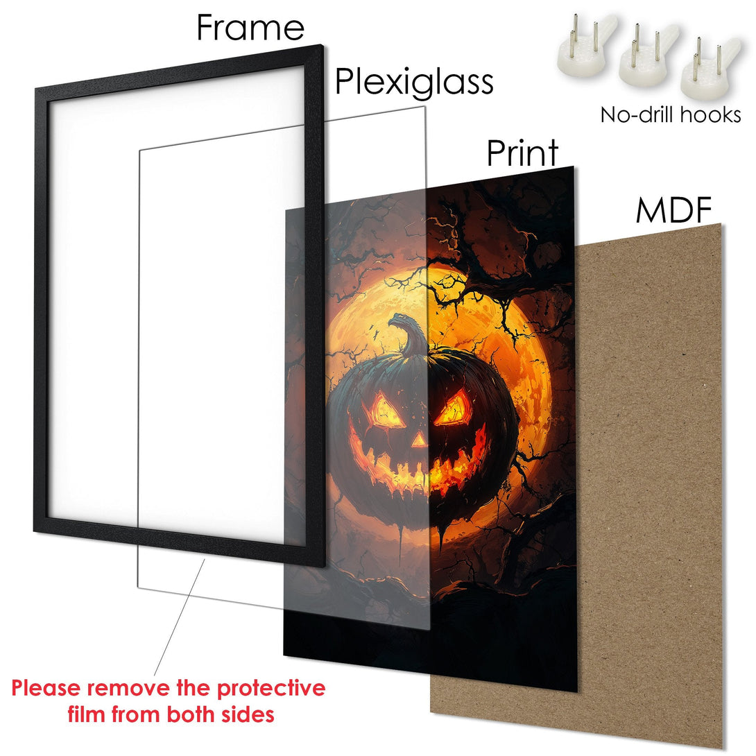 Framed Poster featuring a spooky Halloween pumpkin against a fiery orange sky. Dark, dramatic art style with a warm color palette.