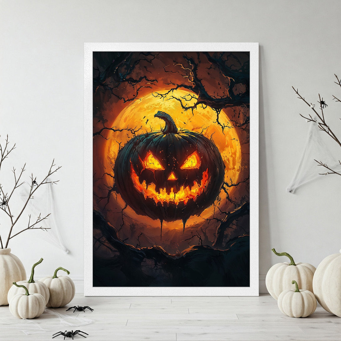 Framed Poster: Spooky Halloween pumpkin art in a dark, orange palette. Perfect for seasonal decor! Get your Halloween Poster today!