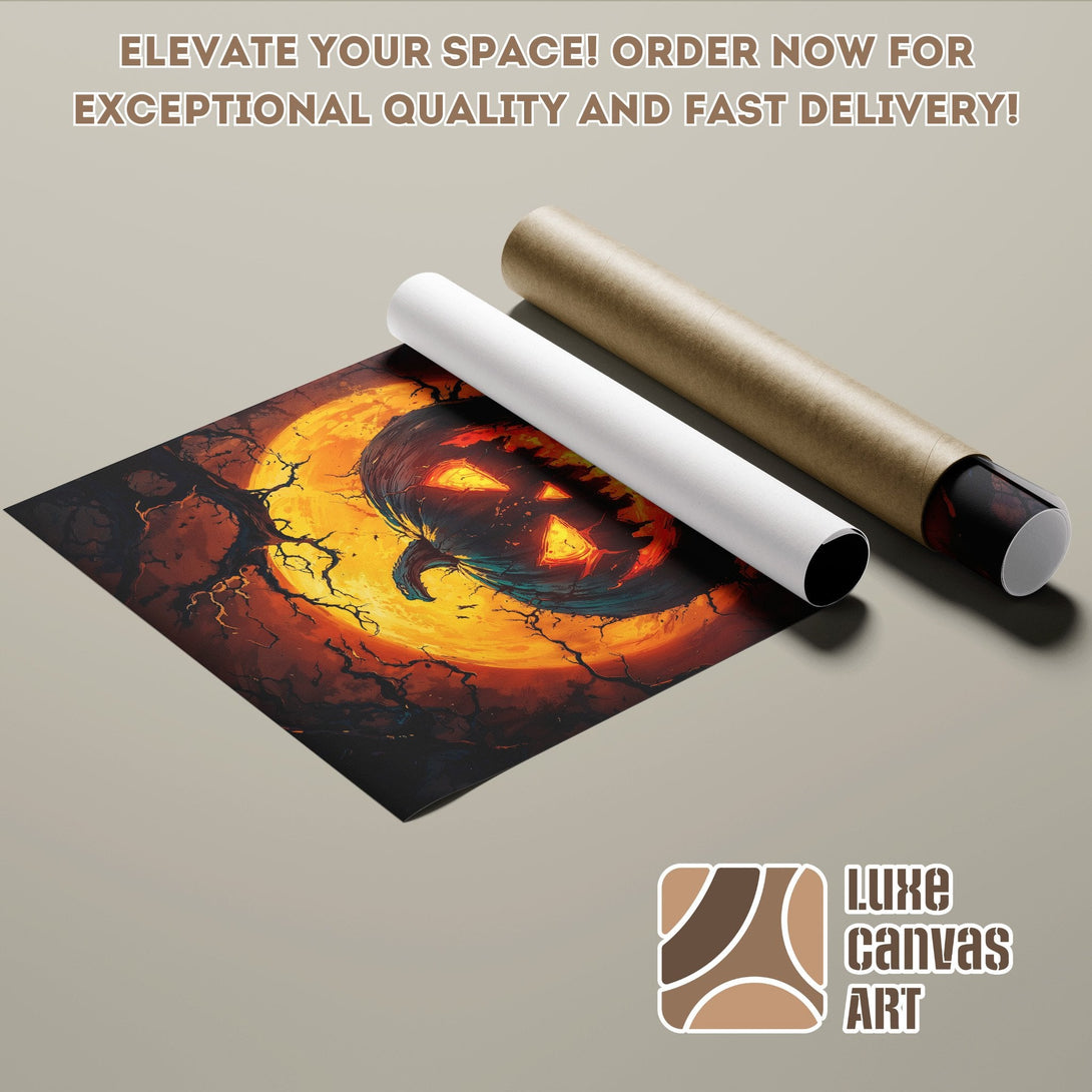 Halloween Poster Roll featuring a pumpkin in a vibrant orange and black color palette.