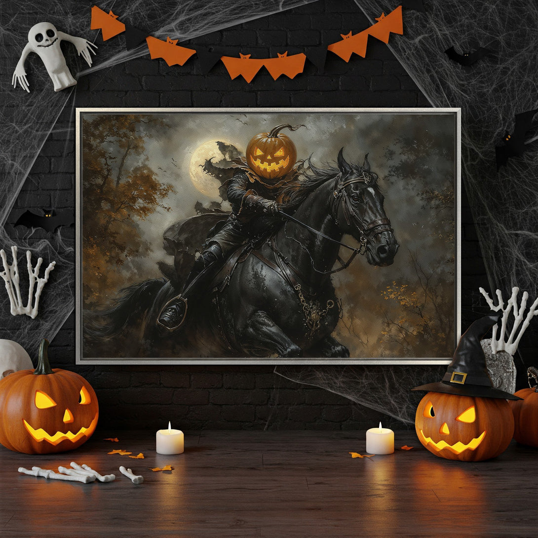 Framed Wall Art: Spooky Headless Horseman canvas print in a Halloween-themed room. Dark, moody colors with orange and black accents. Perfect for Halloween decor.