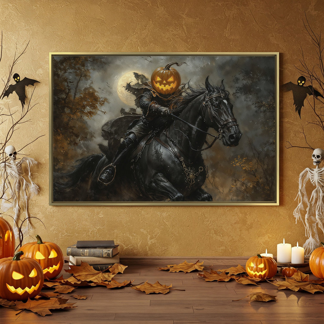 Canvas Print featuring the Headless Horseman. Spooky Halloween decor with a dark, moody color palette. Perfect for adding a touch of fright to your home!