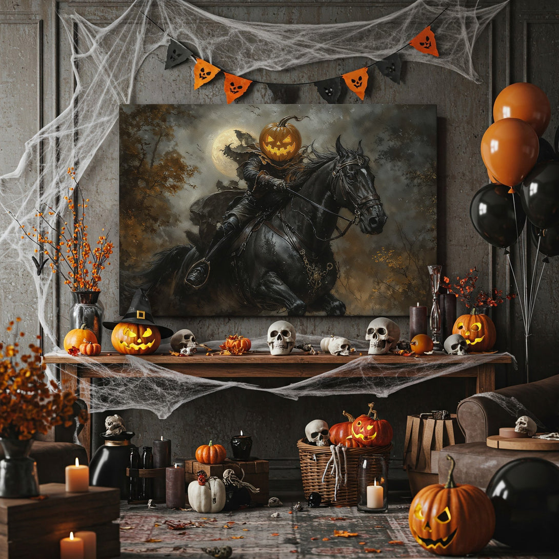 Framed Wall Art: Spooky Headless Horseman Canvas Print. Dark, dramatic art in a moody, autumnal color palette. Perfect Halloween decor!