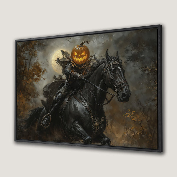 Framed Wall Art: Spooky Halloween scene of Headless Horseman on black horse, dark color palette. Perfect for fall decor!