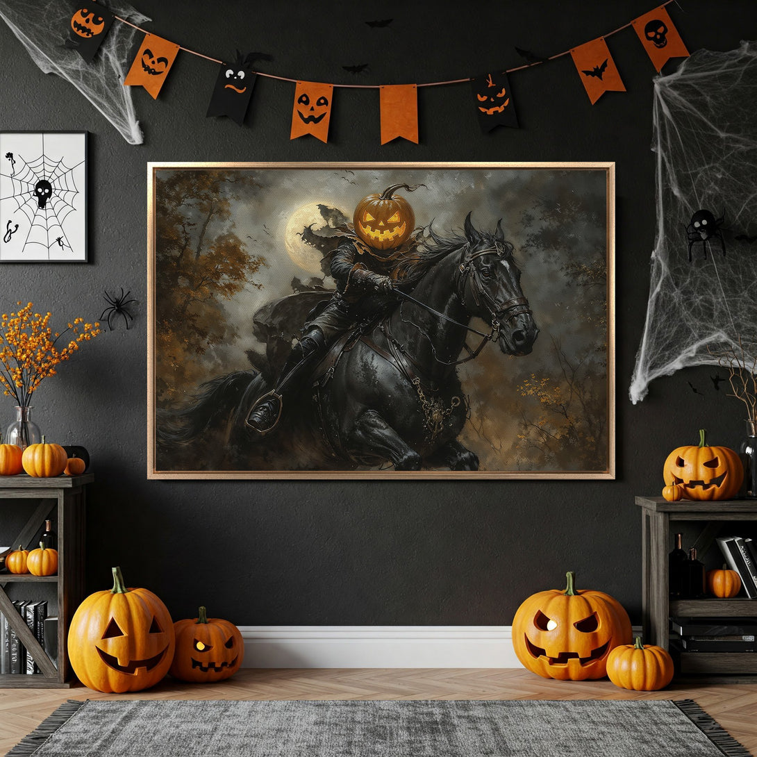 Framed Wall Art: Headless Horseman Canvas Print in a spooky Halloween interior. Dark, moody color palette with orange and black accents. Perfect for Halloween decor.