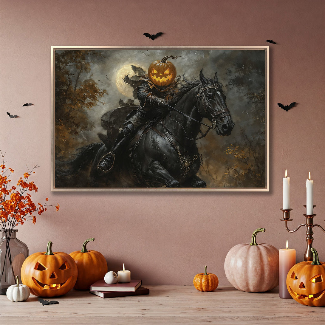 Framed Wall Art: Spooky Headless Horseman Canvas Print in moody, autumnal tones. Perfect Halloween decor!