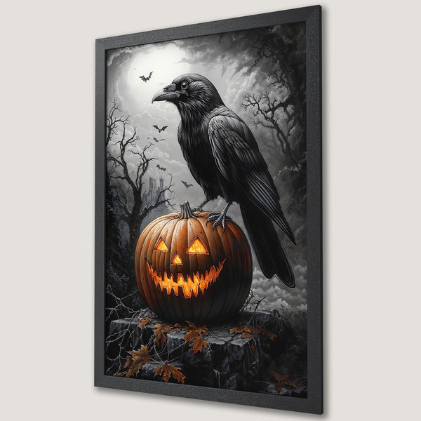 Framed Poster featuring a spooky raven on a pumpkin. Gothic style, grayscale with orange accents. Perfect Halloween decor!