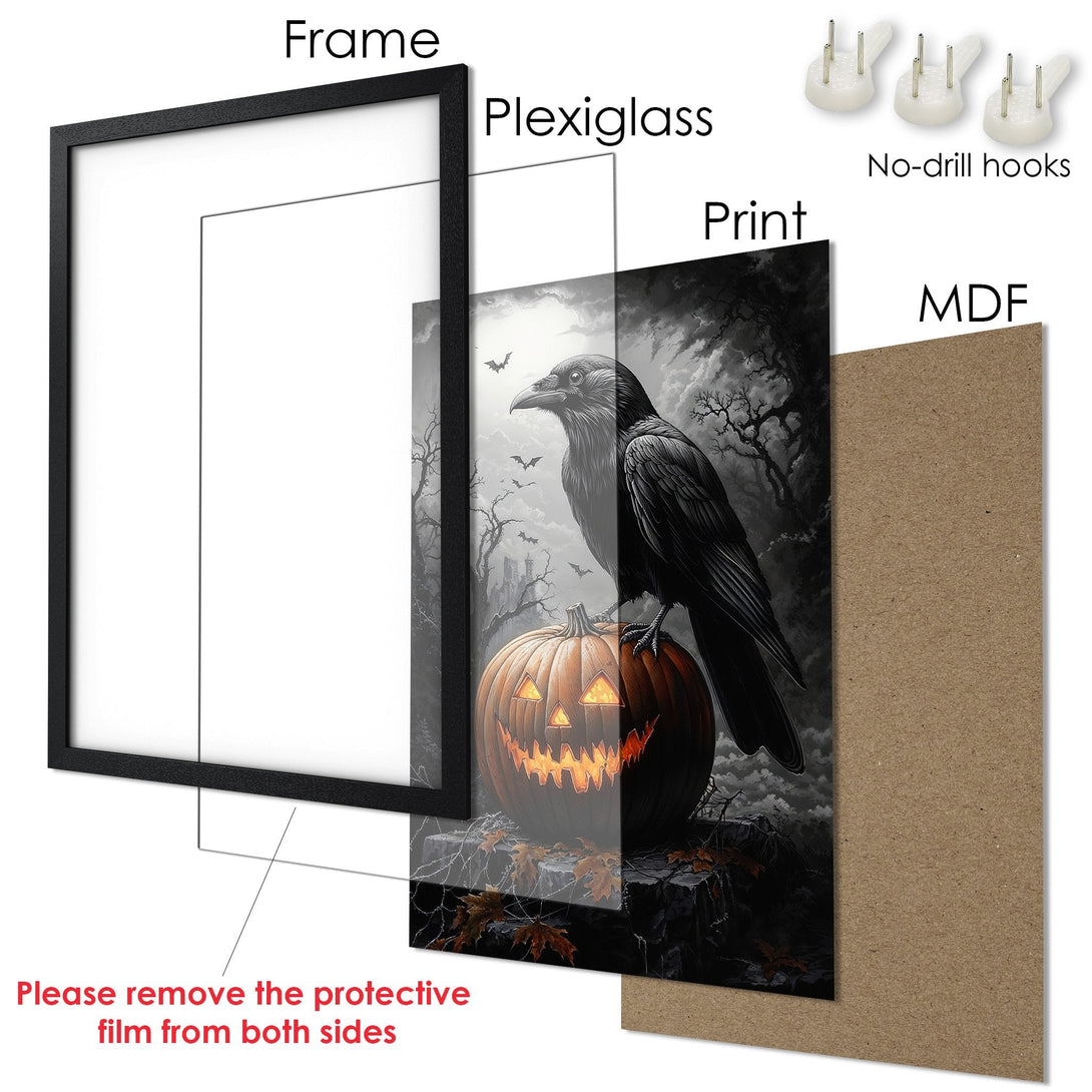 Framed Poster featuring a raven on a pumpkin. Gothic art style with a grayscale and orange color palette, perfect for Halloween decor.